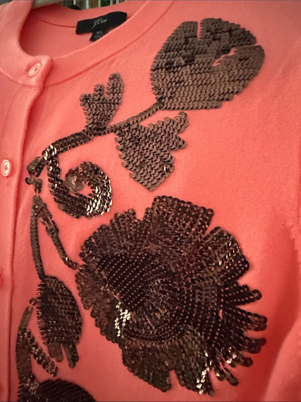 J. Crew Coral Pink Cardigan with Brown Sequin Floral Embellishment - Picture 5 of 6